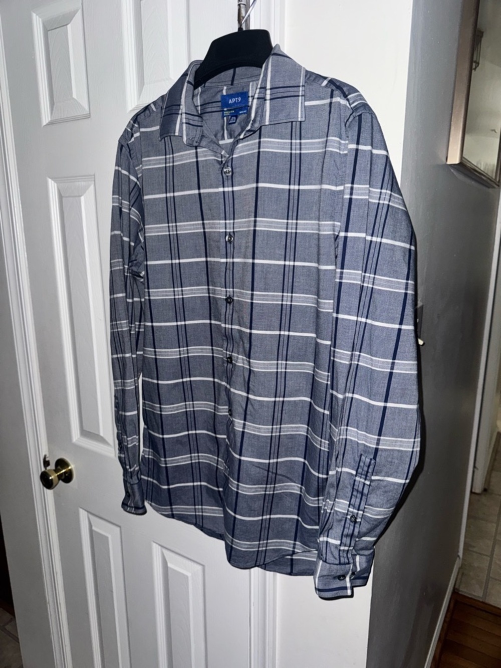Apt. 9 Premier Flex Slim Fit Dress Shirt Mens 15.5 34/35 Gray Navy Plaid Stretch - Picture 5 of 10